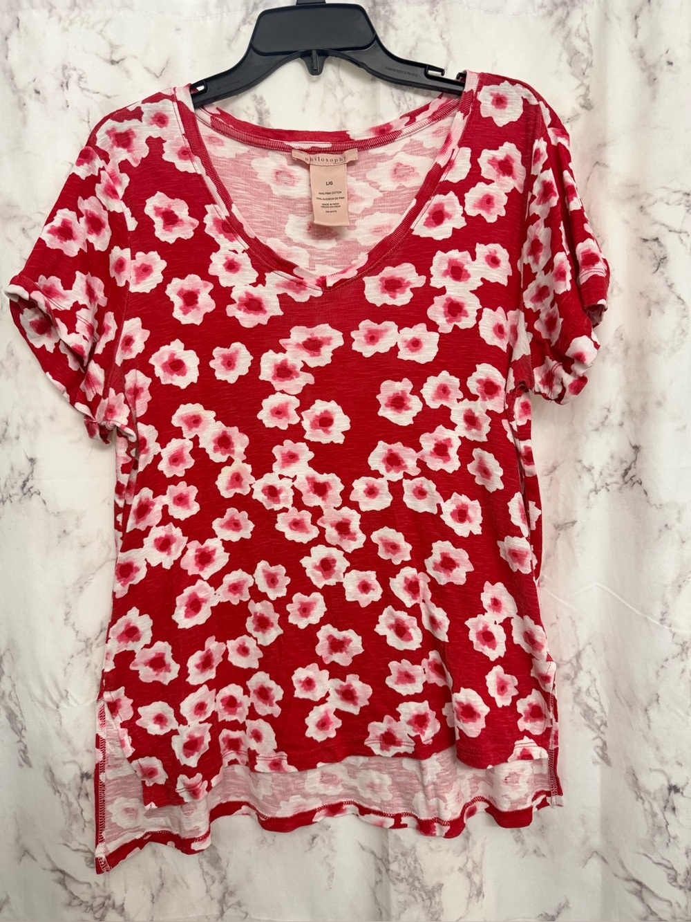 Philosophy Red Floral V-Neck Short Sleeve Tee